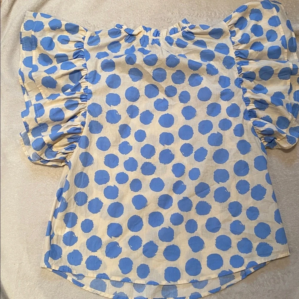 Shop The Mint « Be Your True Self » blue ivory polka dot ruffled sleeve blouse - Picture 10 of 12